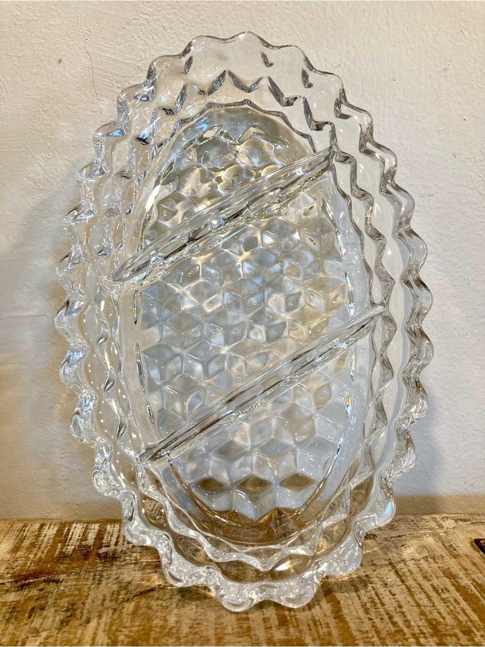 Fostoria American Glass 3 Part Relish Dish Scalloped Edges - Picture 9 of 11